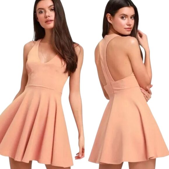 Lulus Lawson Peach Skater Dress Halter Mini Fit Flare Orange Racerback V Neck XS - Picture 1 of 16